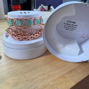 Rose Gold Bracelet Set with Mint Green Stones